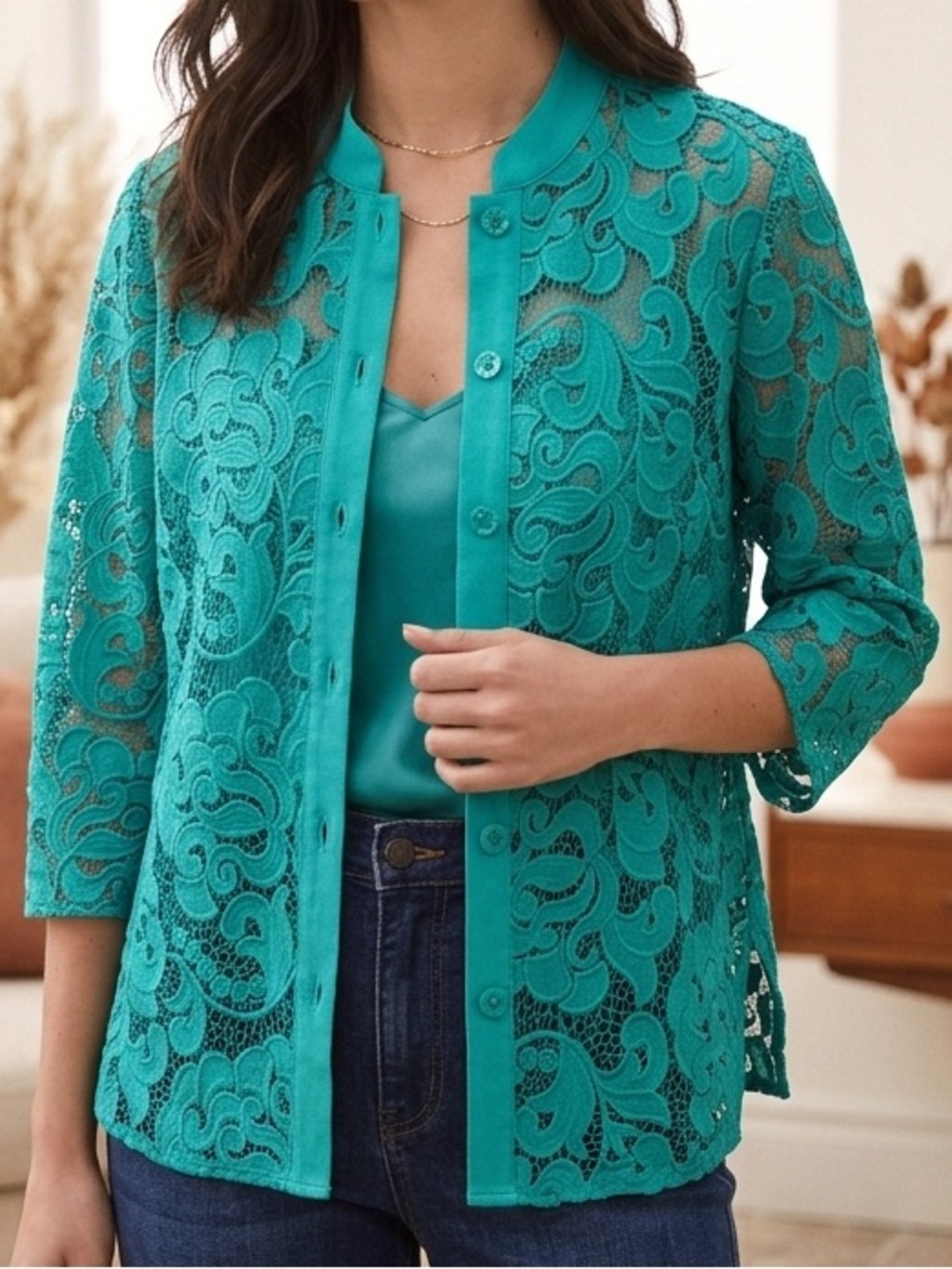 Draper’s & Damon’s Teal Green Guipure Lace Jacket Top S